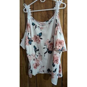 Cold Shoulder Top Womens Plus Size 5X White Green Pink Floral Polyester‎ Blouse